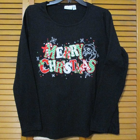 Kim Rogers Christmas top long sleeve black soft stretchy size L - Picture 1 of 7
